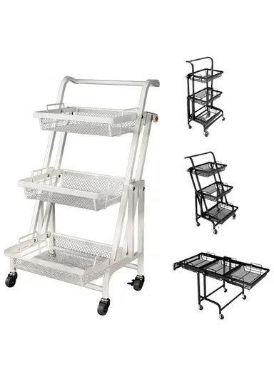 3-Tier Adjustable 90° to 180° Rolling Utility Cart with Removable Metal Mesh Baskets and Lockable Wheels, Multi-Use Foldable Storage Cart Organizer (L44 x W30 x H94.5)cm - Black
