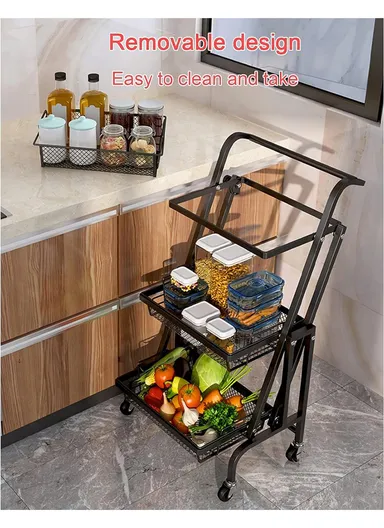 3-Tier Adjustable 90° to 180° Rolling Utility Cart with Removable Metal Mesh Baskets and Lockable Wheels, Multi-Use Foldable Storage Cart Organizer (L44 x W30 x H94.5)cm - Black
