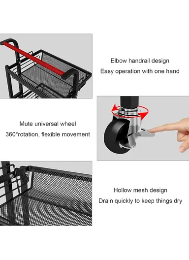 3-Tier Adjustable 90° to 180° Rolling Utility Cart with Removable Metal Mesh Baskets and Lockable Wheels, Multi-Use Foldable Storage Cart Organizer (L44 x W30 x H94.5)cm - Black