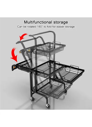 3-Tier Adjustable 90° to 180° Rolling Utility Cart with Removable Metal Mesh Baskets and Lockable Wheels, Multi-Use Foldable Storage Cart Organizer (L44 x W30 x H94.5)cm - Black