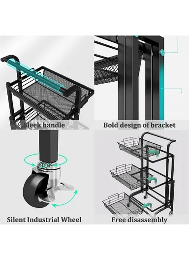 3-Tier Adjustable 90° to 180° Rolling Utility Cart with Removable Metal Mesh Baskets and Lockable Wheels, Multi-Use Foldable Storage Cart Organizer (L44 x W30 x H94.5)cm - Black