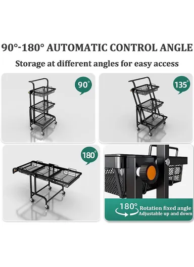 3-Tier Adjustable 90° to 180° Rolling Utility Cart with Removable Metal Mesh Baskets and Lockable Wheels, Multi-Use Foldable Storage Cart Organizer (L44 x W30 x H94.5)cm - Black