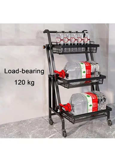 3-Tier Adjustable 90° to 180° Rolling Utility Cart with Removable Metal Mesh Baskets and Lockable Wheels, Multi-Use Foldable Storage Cart Organizer (L44 x W30 x H94.5)cm - Black