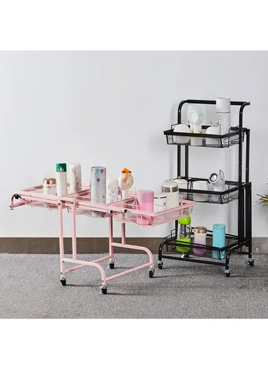 3-Tier Adjustable 90° to 180° Rolling Utility Cart with Removable Metal Mesh Baskets and Lockable Wheels, Multi-Use Foldable Storage Cart Organizer (L44 x W30 x H94.5)cm - Black