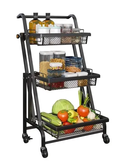 3-Tier Adjustable 90° to 180° Rolling Utility Cart with Removable Metal Mesh Baskets and Lockable Wheels, Multi-Use Foldable Storage Cart Organizer (L44 x W30 x H94.5)cm - Black