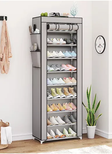 9-Tier Vertical Narrow Shoe Rack Organizer Tall Shoe Rack for Closet Entryway Non-Woven Cover Shoe Shelf (W58 x D30 x H158)cm - Grey