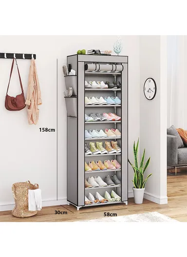 9-Tier Vertical Narrow Shoe Rack Organizer Tall Shoe Rack for Closet Entryway Non-Woven Cover Shoe Shelf (W58 x D30 x H158)cm - Grey