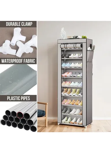 9-Tier Vertical Narrow Shoe Rack Organizer Tall Shoe Rack for Closet Entryway Non-Woven Cover Shoe Shelf (W58 x D30 x H158)cm - Grey