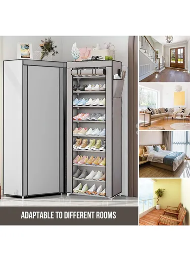 9-Tier Vertical Narrow Shoe Rack Organizer Tall Shoe Rack for Closet Entryway Non-Woven Cover Shoe Shelf (W58 x D30 x H158)cm - Grey