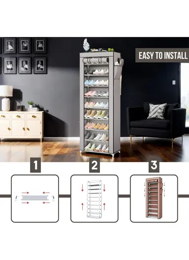 9-Tier Vertical Narrow Shoe Rack Organizer Tall Shoe Rack for Closet Entryway Non-Woven Cover Shoe Shelf (W58 x D30 x H158)cm - Grey