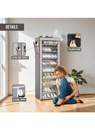 9-Tier Vertical Narrow Shoe Rack Organizer Tall Shoe Rack for Closet Entryway Non-Woven Cover Shoe Shelf (W58 x D30 x H158)cm - Grey