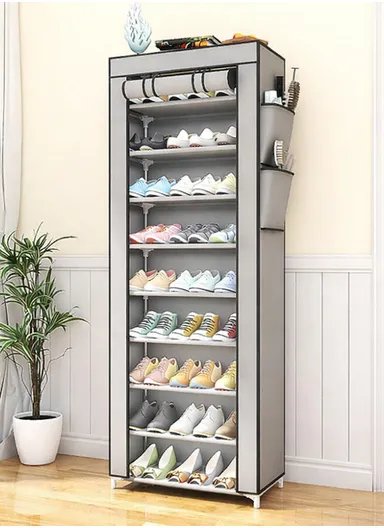 9-Tier Vertical Narrow Shoe Rack Organizer Tall Shoe Rack for Closet Entryway Non-Woven Cover Shoe Shelf (W58 x D30 x H158)cm - Grey