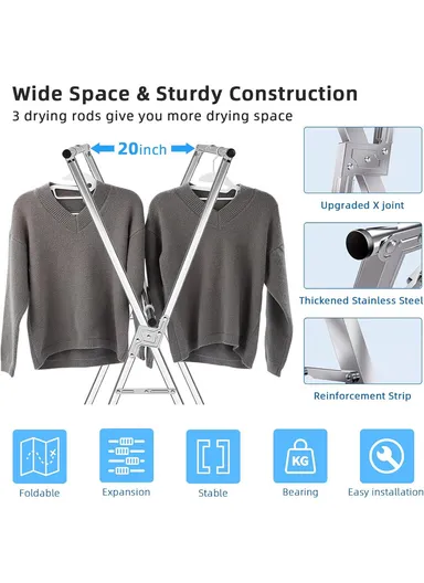 3-Bar Extendable X-Shape Clothes Airer (1.3M–2M) – Foldable Stainless Steel Drying Rack for Indoor &amp; Outdoor Use