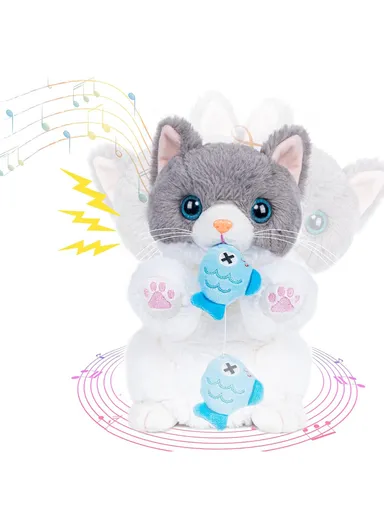 Soft Toy Repeater Cat Movements 2 Types with Fish (W13 x D13 x H24)cm - White Gray