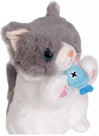 Soft Toy Repeater Cat Movements 2 Types with Fish (W13 x D13 x H24)cm - White Gray