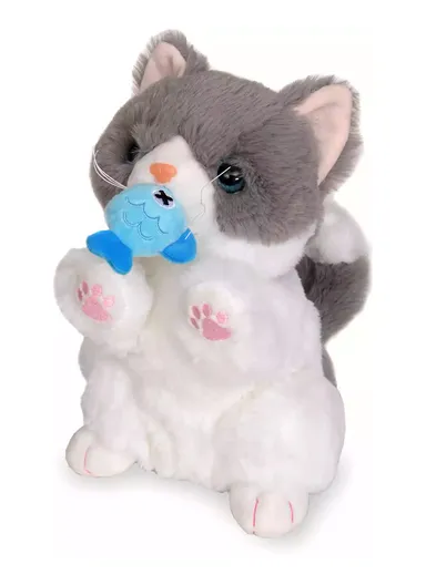 Soft Toy Repeater Cat Movements 2 Types with Fish (W13 x D13 x H24)cm - White Gray