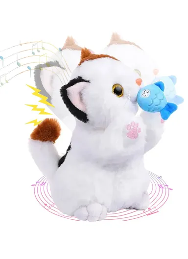 Soft Toy Repeater Cat Movements 2 Types with Fish (W13 x D13 x H24)cm - White Brown