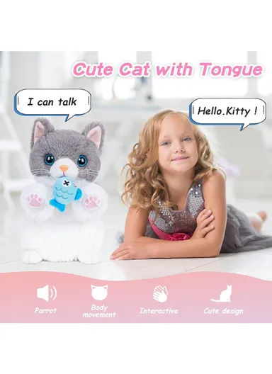 Soft Toy Repeater Cat Movements 2 Types with Fish (W13 x D13 x H24)cm - White Brown