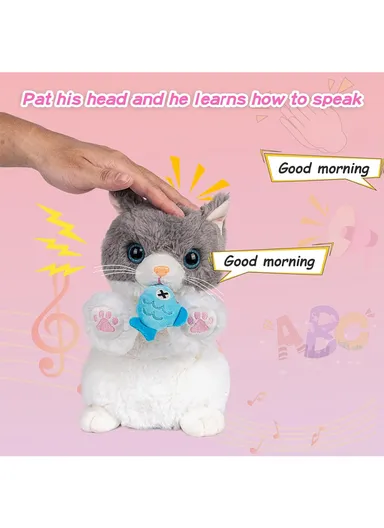 Soft Toy Repeater Cat Movements 2 Types with Fish (W13 x D13 x H24)cm - White Brown