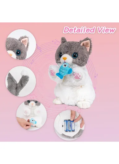 Soft Toy Repeater Cat Movements 2 Types with Fish (W13 x D13 x H24)cm - White Brown