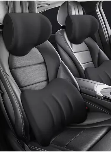 2-Pcs Universal Memory Foam Lumbar Support ＆ Headrest Pillow, Neck + Waist Pillow Set, Comfortable Lumbar Support Car Cushion, Headrest Neck Pillow, Car Back Support, Headrest Back Pillow - Black