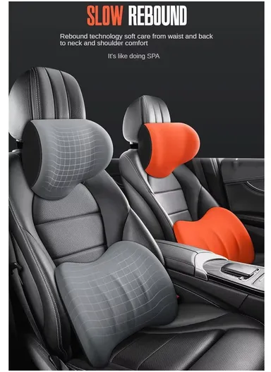 2-Pcs Universal Memory Foam Lumbar Support ＆ Headrest Pillow, Neck + Waist Pillow Set, Comfortable Lumbar Support Car Cushion, Headrest Neck Pillow, Car Back Support, Headrest Back Pillow - Black