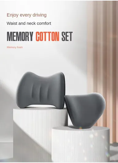 2-Pcs Universal Memory Foam Lumbar Support ＆ Headrest Pillow, Neck + Waist Pillow Set, Comfortable Lumbar Support Car Cushion, Headrest Neck Pillow, Car Back Support, Headrest Back Pillow - Black