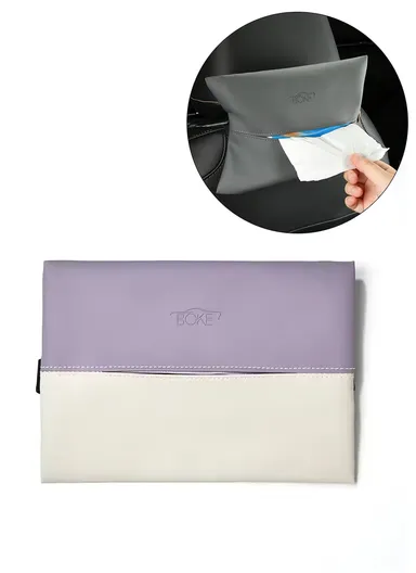 Universal Leather Car Tissue Box, Storage Holder Tissue Box, Adjustable Dispenser Tissue Box (L24 x W18)cm - White/Purple