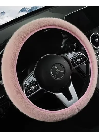 38cm Elastic Fur Fluffy Practical Car Steering Wheel Cover, Universal Purpose, Breathable Absorbent, Warm and Soft Handle Cover - Pink