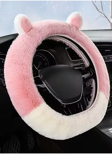 38cm Fur Fluffy Elastic Car Steering Wheel Cover, Universal Soft Grip Steering Wheel Cover, Bear Style Warm &amp; Soft Handle Steering Cover - White/Pink