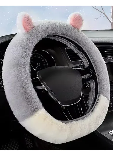 38cm Fur Fluffy Elastic Car Steering Wheel Cover, Universal Soft Grip Steering Wheel Cover, Bear Style Warm &amp; Soft Handle Steering Cover - White/Grey