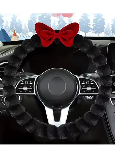38cm Fur Fluffy Practical Car Steering Wheel Cover, Universal Purpose, Breathable Absorbent, Warm and Soft Handle Cover - Black