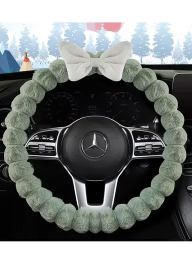 38cm Fur Fluffy Practical Car Steering Wheel Cover, Universal Purpose, Breathable Absorbent, Warm and Soft Handle Cover - Green