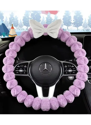 38cm Fur Fluffy Practical Car Steering Wheel Cover, Universal Purpose, Breathable Absorbent, Warm and Soft Handle Cover - Purple