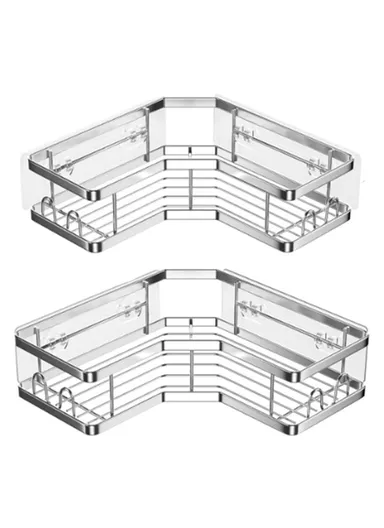 2Pcs L-Shape Punch-Free Iron Storage Rack Bathroom Kitchen Organization Corner Mounted Shelf - Silver