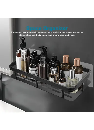 Punch-free Aluminum Storage Rack Bathroom Organization Shelf, Narrow Edge Single Layer Rectangular (L31xW13xH5)cm - Black