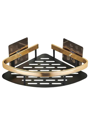 Punch-Free Aluminum Storage Rack Bathroom Organization Shelf, Wide Edge Single Layer Triangle - Black+Gold