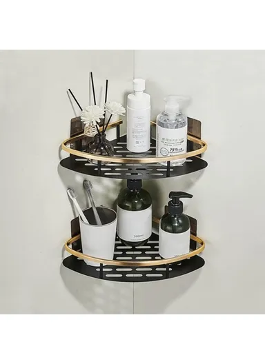 Punch-Free Aluminum Storage Rack Bathroom Organization Shelf, Wide Edge Single Layer Triangle - Black+Gold