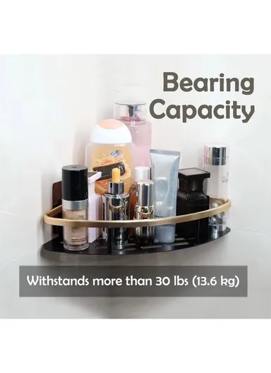 Punch-Free Aluminum Storage Rack Bathroom Organization Shelf, Wide Edge Single Layer Triangle - Black+Gold