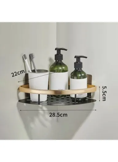 Punch-Free Aluminum Storage Rack Bathroom Organization Shelf, Wide Edge Single Layer Triangle - Black+Gold