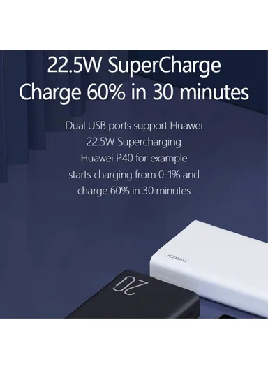 20000mAh 22.5W Fast Charging Power Bank Phone Battery Charger JP302 (L14 x W7 x H3)cm - Black
