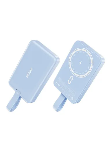 20W Magnetic Wireless Fast Charging Power Bank Phone Battery With Built-in Cable WP-47 (L10.8 x W6.8 x H2)cm - Blue