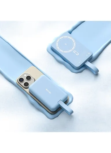 20W Magnetic Wireless Fast Charging Power Bank Phone Battery With Built-in Cable WP-47 (L10.8 x W6.8 x H2)cm - Blue