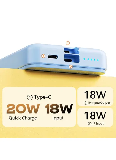 20W Magnetic Wireless Fast Charging Power Bank Phone Battery With Built-in Cable WP-47 (L10.8 x W6.8 x H2)cm - Blue