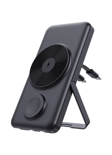 10000mAh Power Bank Magnetic Wireless Charger For iPhone, iWatch, AirPods With Bracket &amp; 2 Cables (L14 x W7 x H2)cm - Black