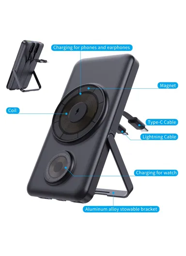 10000mAh Power Bank Magnetic Wireless Charger For iPhone, iWatch, AirPods With Bracket &amp; 2 Cables (L14 x W7 x H2)cm - Black