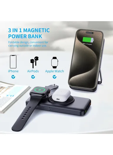 10000mAh Power Bank Magnetic Wireless Charger For iPhone, iWatch, AirPods With Bracket &amp; 2 Cables (L14 x W7 x H2)cm - Black