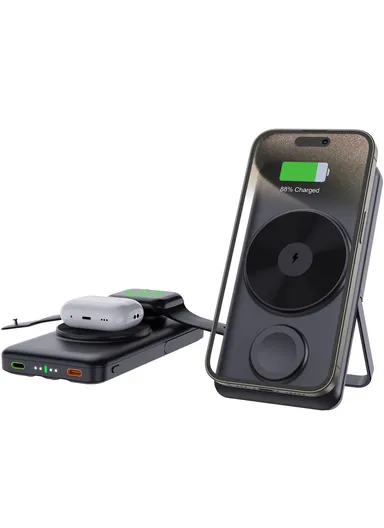 10000mAh Power Bank Magnetic Wireless Charger For iPhone, iWatch, AirPods With Bracket &amp; 2 Cables (L14 x W7 x H2)cm - Black