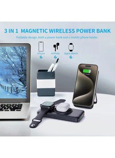 10000mAh Power Bank Magnetic Wireless Charger For iPhone, iWatch, AirPods With Bracket &amp; 2 Cables (L14 x W7 x H2)cm - Black