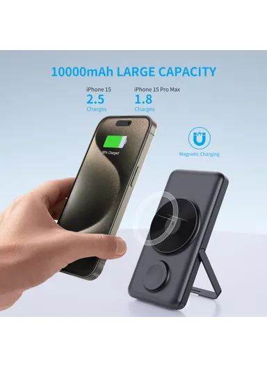 10000mAh Power Bank Magnetic Wireless Charger For iPhone, iWatch, AirPods With Bracket &amp; 2 Cables (L14 x W7 x H2)cm - Black